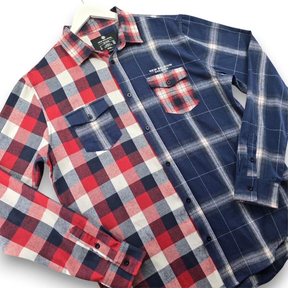 New Belgium Brewing Shirt Mens XXL Blue Red Plaid Cotton Split Flannel Button Up